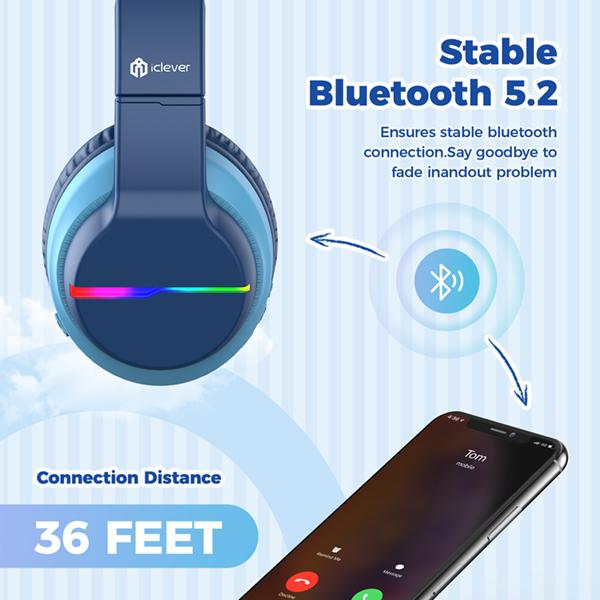 iClever BTH12 Kids Bluetooth Headphones Colorful LED Lights Wireless Headphones,74 85 94dB Volume Limited,55H Playtime ,Bluetooth 5.2,Over Ear Headphones Built-in Mic for iPad Tablet