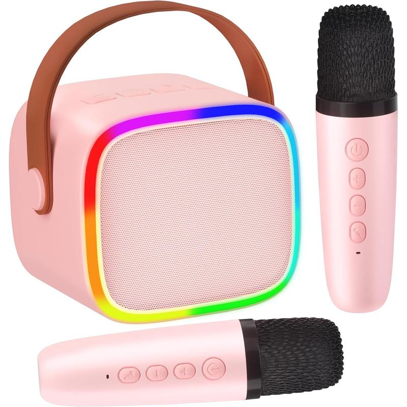 Mini Karaoke Machine for  with 2  Microphones,  Toys for Girls and Boys, Portable  Speaker with LED Disco Lights for Home Party, Birthday Gifts for Girls Boys (Pink)