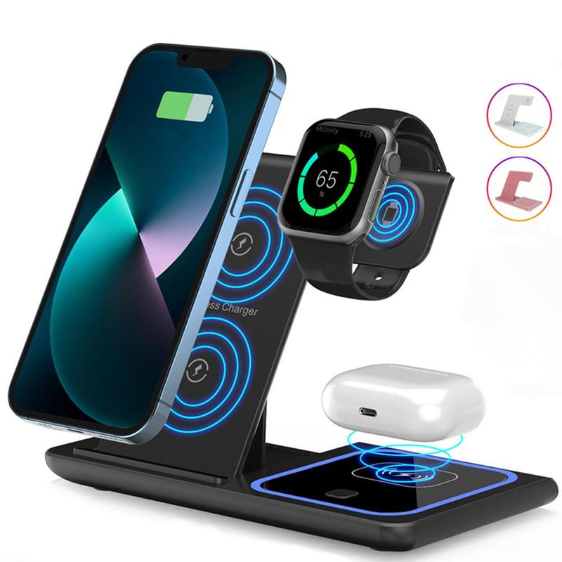 Wireless Charging Base, Foldable 15W Fast Charging Station, Multi Device Wireless Charger Compatible with iPhone 15 Apple Watch AirPods