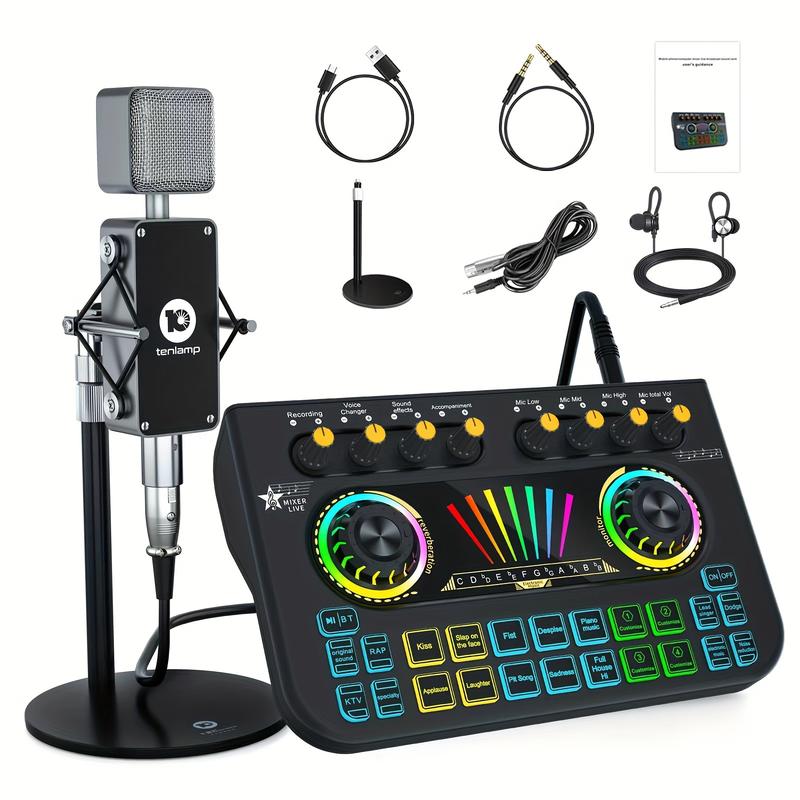 Audio Interface with Audio Mixer and Vocal Effect, Condenser Microphone Kit with Live Sound Card and Adjustable Microphone Stand for Recording Voice in Studio, Voice over, Streaming Broadcast