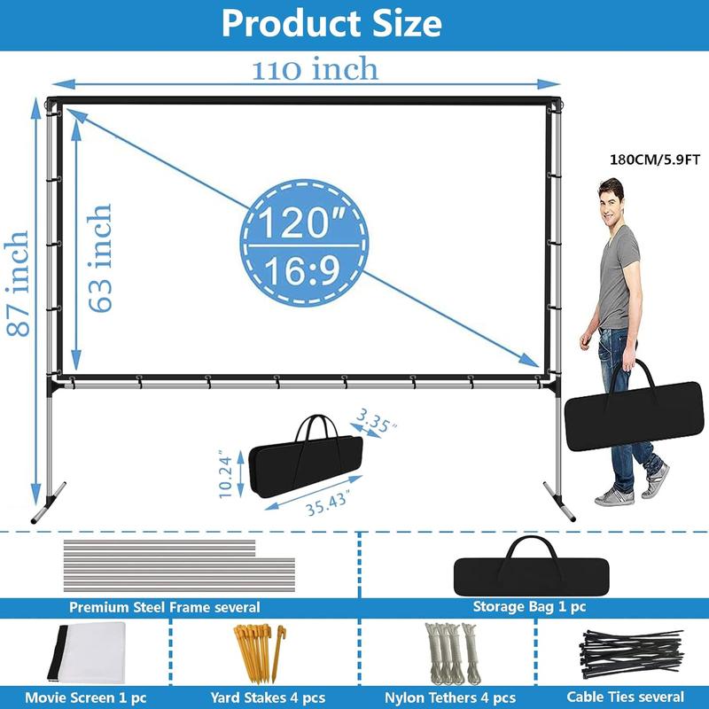 Projector Screen with Stand 120 Inch Foldable Portable Movie Screen 169 HD 4K Double Sided Projection Movies Screen with Carry Bag for Indoor Outdoor Home Theater Backyard Cinema Travel