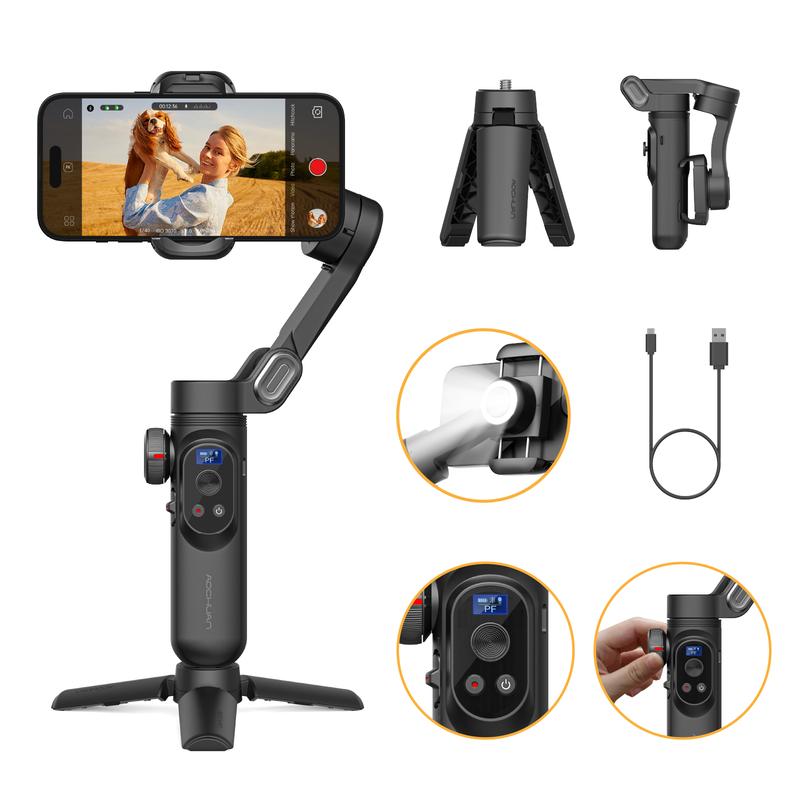 AOCHUAN Gimbal Stabilizer for Smartphone, 3-Axis iPhone Gimbal, Portable Gimbal w OLED Display for iPhone Andriod, Gimbal stabilizer, Phone Gimbal stand with Face Object Tracking for Youtube, long-short video, Vlog-Smart X Pro black Selfie Cellphone