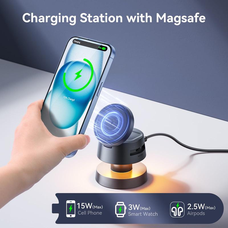 Portable magnetic wireless charger, 4-in-1 with nightlight Wireless charger Lightweight, foldable charging station for iPhone, Apple Watch and AirPods