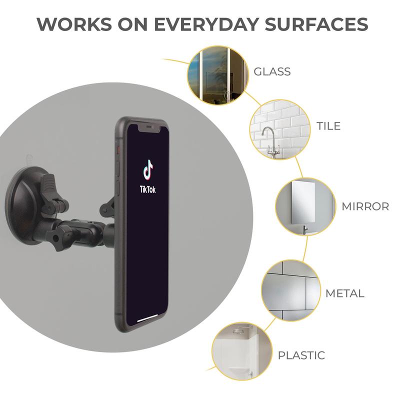 hula+ Mirror Phone Holder Mount Stand. Reusable Non-Residue Mount for Bathroom Kitchen Wall. Compatible with All Phones, Great Gift for TikTok YouTube Make Up