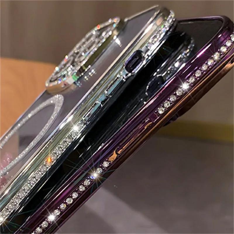 Bling 2024 New Fashion Glitter Diamond Transparent Case iPhone 15 14 13 12 11 16 Pro Max Plus Magnetic Wireless Charge Bumper Cover