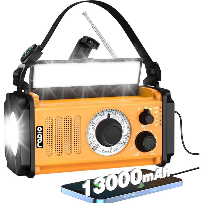 13000mAh Emergency Weather Radio, 5-Way Powered Solar Hand Crank Radio, Battery Operated NOAA AM FM Radio,Flashlight & Reading Lamp,Phone Charger,SOS,Compass for Hurricane Camping Outdoor Survival Kit