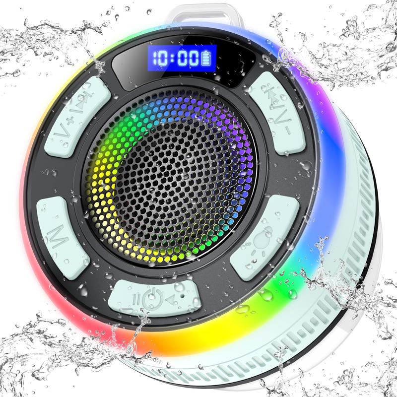 Bluetooth Shower Speaker, Portable Shower Speakers IP7 Waterproof with Suction Cup and Time Display, Dynamic LED Lights and Dual Stereo Pairing, Handsfree Wireless Speaker with Mic for Bathroom, Beach