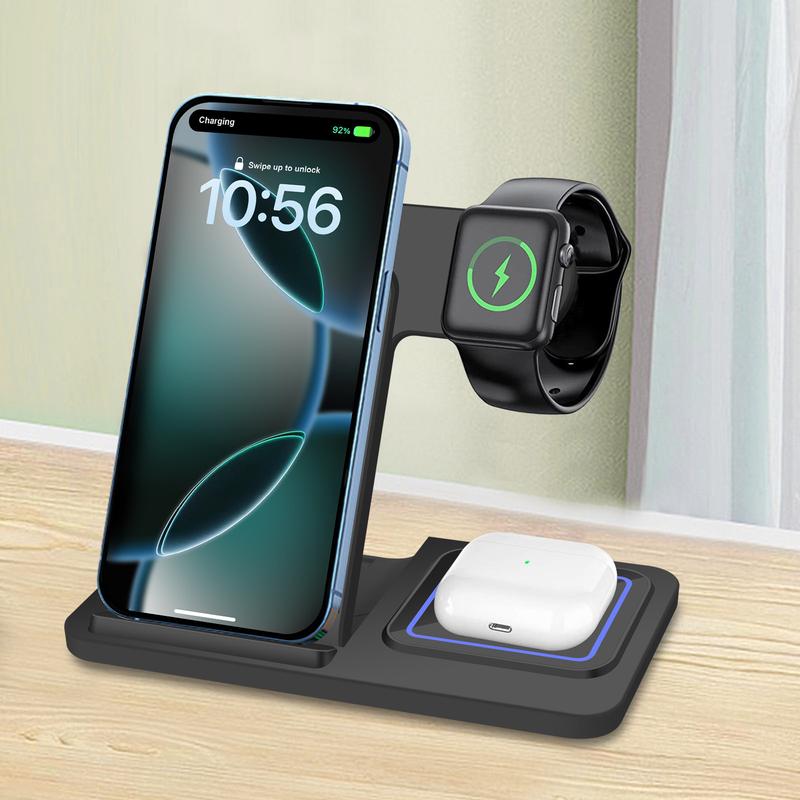 Wireless Charging Station, 3 in 1 Foldable Wireless Charger Stand for iPhone 16 15 14 13 12 11 X Series, Apple Watch Ultra 10 9 8 7 SE 6 5 4 3 2, AirPods 4 3 2 Pro Foldable Wireless