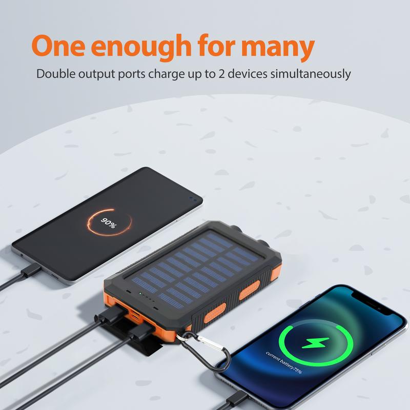 20000mAh Portable Solar Charger Power Bank with Dual USB Ports & LED Flashlight, Compact Waterproof & Shockproof Outdoor Charging Station, Compass & Carabiner Compatible with i Phone Samsung Android Smartphones