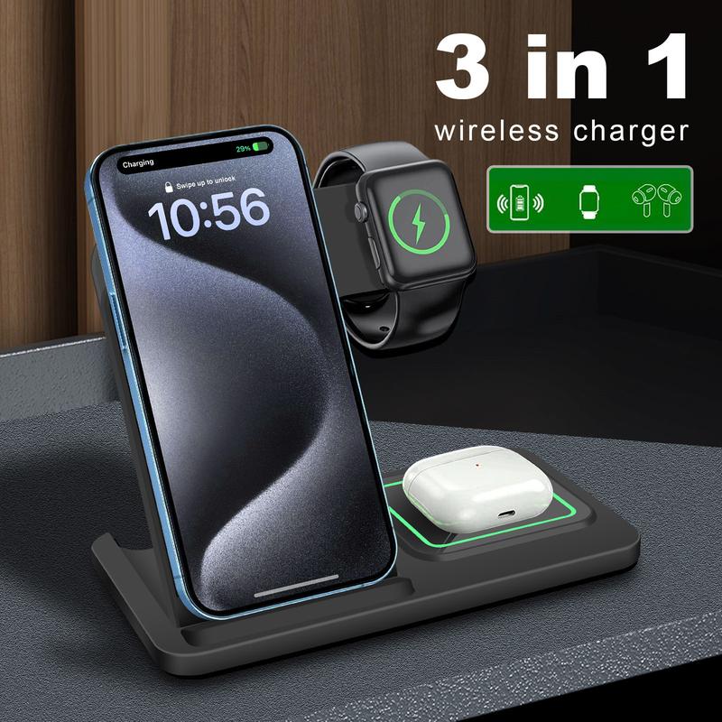 Wireless Charging Station, 3 in 1 Foldable Wireless Charger Stand for iPhone 16 15 14 13 12 11 X Series, Apple Watch Ultra 10 9 8 7 SE 6 5 4 3 2, AirPods 4 3 2 Pro Foldable Wireless