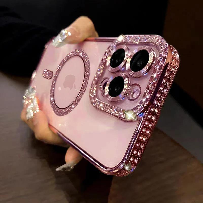 Bling 2024 New Fashion Glitter Diamond Transparent Case iPhone 15 14 13 12 11 16 Pro Max Plus Magnetic Wireless Charge Bumper Cover