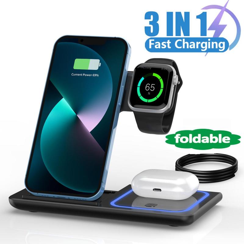 Wireless Charging Base, Foldable 15W Fast Charging Station, Multi Device Wireless Charger Compatible with iPhone 15 Apple Watch AirPods