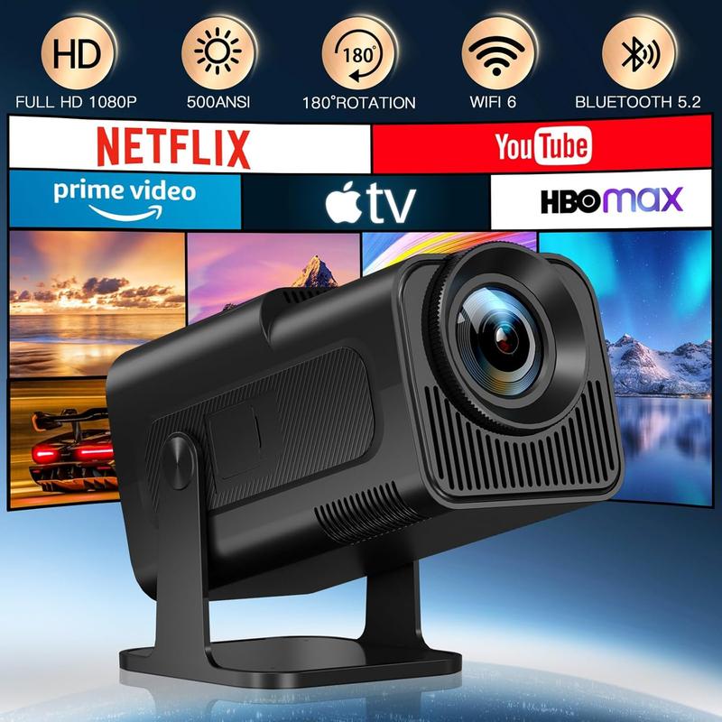 Mini Projector, 1080P Smart Projrctor Built-in Android TV 11.0, with Wifi 6 , Auto Keystone 4K Supported 10000 Lumens, 180 Degree Rotation Short Throw Projector Audio Automatic Bulb Screen