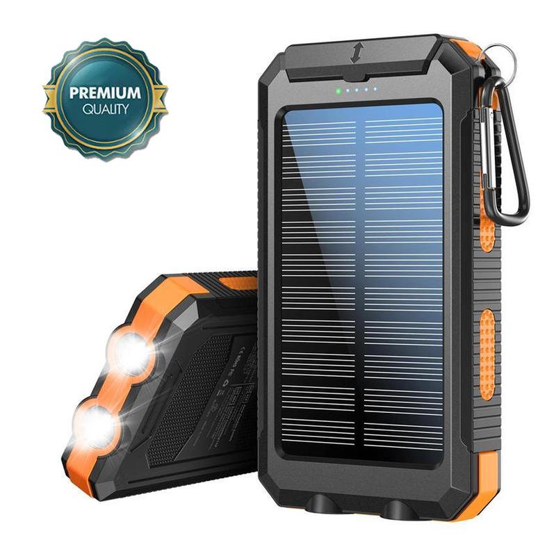 20000mAh Portable Solar Charger Power Bank with Dual USB Ports & LED Flashlight, Compact Waterproof & Shockproof Outdoor Charging Station, Compass & Carabiner Compatible with i Phone Samsung Android Smartphones