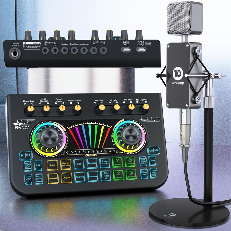 Audio Interface with Audio Mixer and Vocal Effect, Condenser Microphone Kit with Live Sound Card and Adjustable Microphone Stand for Recording Voice in Studio, Voice over, Streaming Broadcast