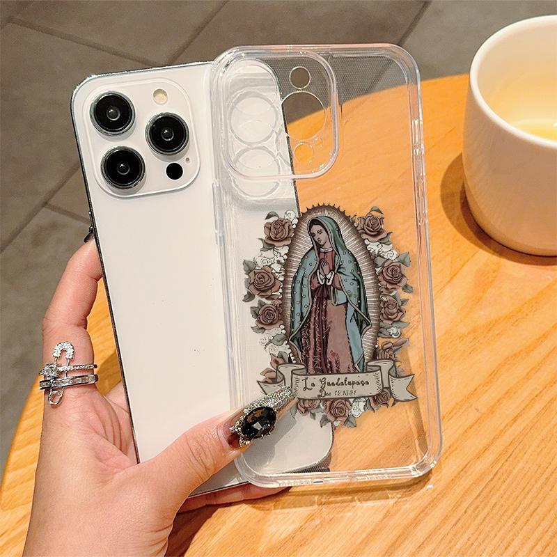 Flower & Virgin Mary Pattern Phone Case, Decorative Phone Protector Cover, Phone Accessories Compatible with iPhone 11 12 13 14 15 Pro Max XR XS Max