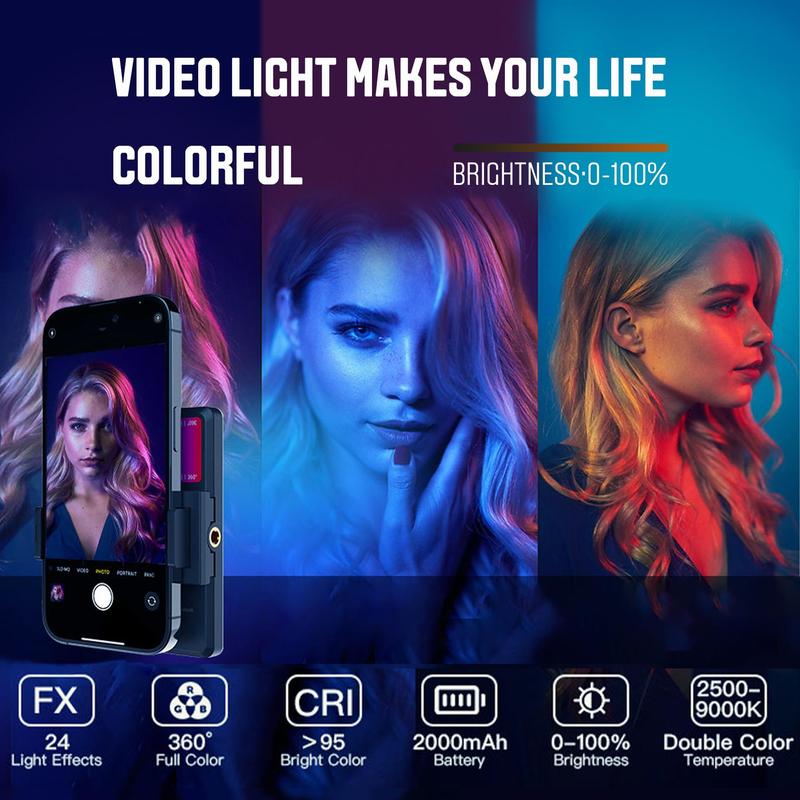 RGB Selfie Light for Camera, 360° Full Color Phone LED Light, 2000mAH Photography Lighting with Clip and Cold Shoe for Phone Laptop Camera, Video Light for Selfie Makeup, Birthday Gifts