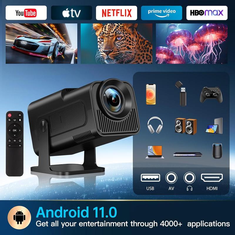 Mini Projector, 1080P Smart Projrctor Built-in Android TV 11.0, with Wifi 6 , Auto Keystone 4K Supported 10000 Lumens, 180 Degree Rotation Short Throw Projector Audio Automatic Bulb Screen