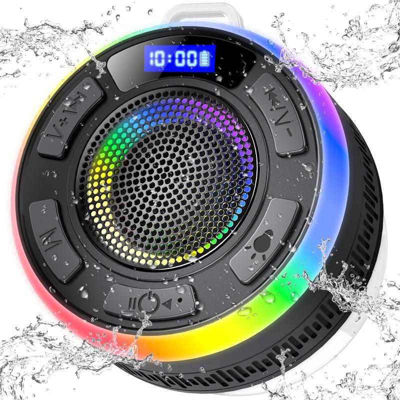 Bluetooth Shower Speaker, Portable Shower Speakers IP7 Waterproof with Suction Cup and Time Display, Dynamic LED Lights and Dual Stereo Pairing, Handsfree Wireless Speaker with Mic for Bathroom, Beach