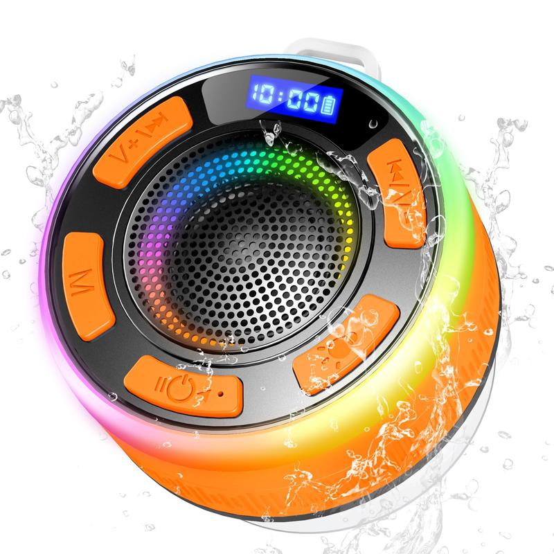 Bluetooth Shower Speaker, Portable Shower Speakers IP7 Waterproof with Suction Cup and Time Display, Dynamic LED Lights and Dual Stereo Pairing, Handsfree Wireless Speaker with Mic for Bathroom, Beach