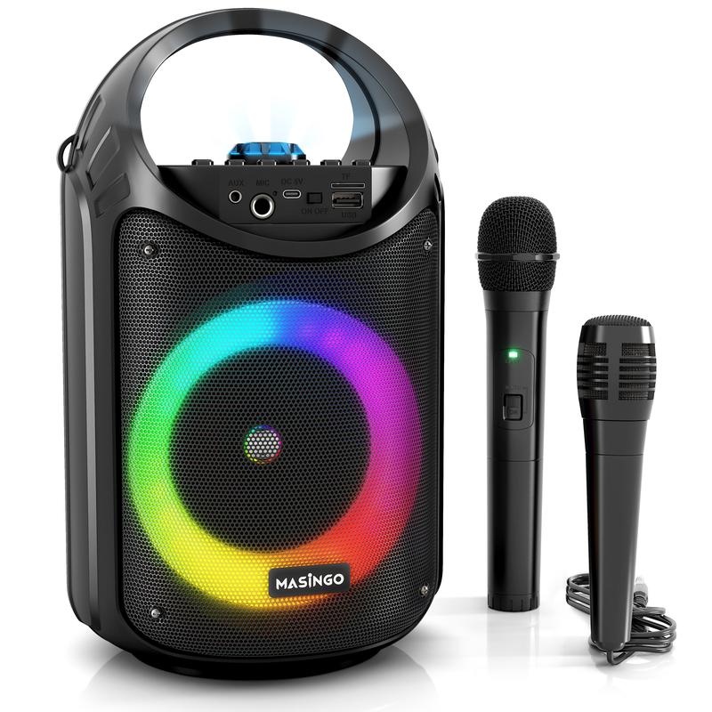 MASINGO Karaoke Machine with 1 Wireless Mic and 1 Wired Mic, PA Speaker with LED Lights, Supports TF Card USB, AUX MIC in, TWS for Home Party, Rechargeable Audio Equipment with Bluetooth, Charging Handle, and Smartphone Compatibility - Burletta C10 V1