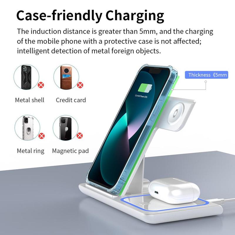 Wireless Charging Base, Foldable 15W Fast Charging Station, Multi Device Wireless Charger Compatible with iPhone 15 Apple Watch AirPods