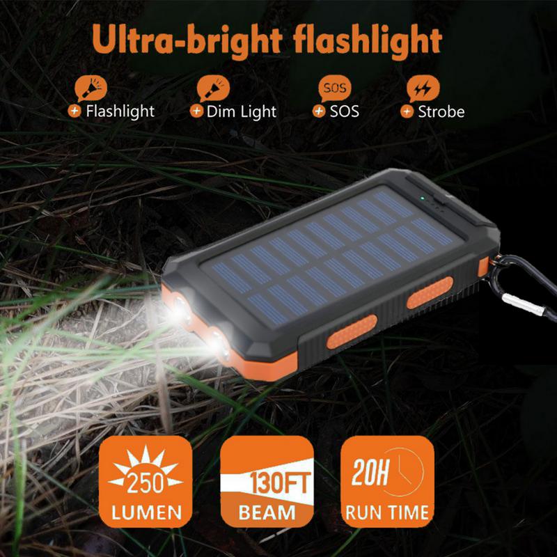 20000mAh Portable Solar Charger Power Bank with Dual USB Ports & LED Flashlight, Compact Waterproof & Shockproof Outdoor Charging Station, Compass & Carabiner Compatible with i Phone Samsung Android Smartphones