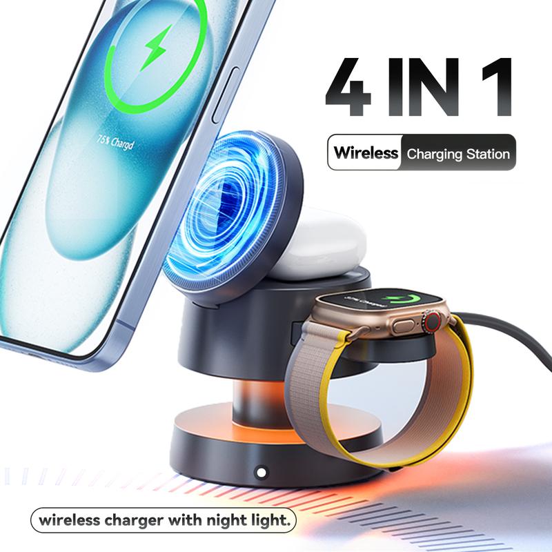 Portable magnetic wireless charger, 4-in-1 with nightlight Wireless charger Lightweight, foldable charging station for iPhone, Apple Watch and AirPods