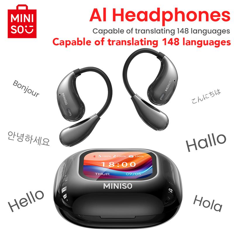 MINISO M95 AI Headphones Translation Earbuds True Wireless Open Earbuds Bluetooth 5.4 IPX5 Waterproof 48Hours Play time OWS Headphones Immersive Premium Sound Long Distance Connection Headset Headphones Built-in Microphone Earbuds