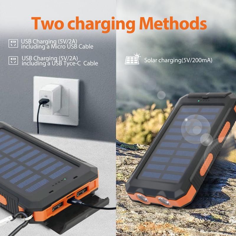 20000mAh Portable Solar Charger Power Bank with Dual USB Ports & LED Flashlight, Compact Waterproof & Shockproof Outdoor Charging Station, Compass & Carabiner Compatible with i Phone Samsung Android Smartphones