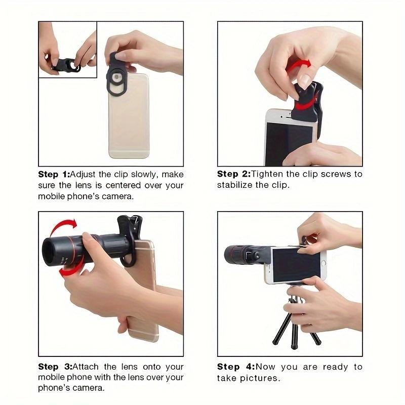 18X Monocular Zoom Lens Clamp, Telephoto Telescope Lens with Tripod, Camping Hunting Sports Lens Compatible with iPhone Samsung Huawei Xiaomi & Most Smart Phones