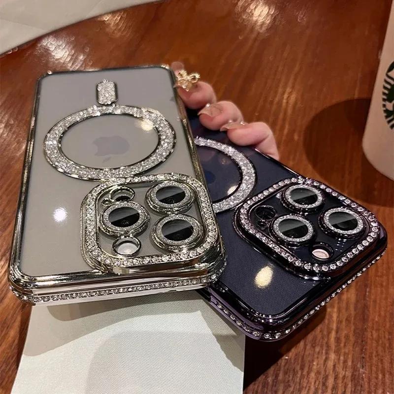 Bling 2024 New Fashion Glitter Diamond Transparent Case iPhone 15 14 13 12 11 16 Pro Max Plus Magnetic Wireless Charge Bumper Cover