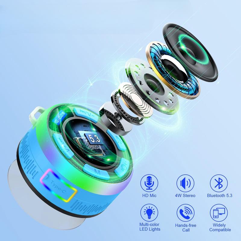 Bluetooth Shower Speaker, Portable Shower Speakers IP7 Waterproof with Suction Cup and Time Display, Dynamic LED Lights and Dual Stereo Pairing, Handsfree Wireless Speaker with Mic for Bathroom, Beach