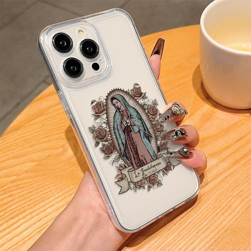 Flower & Virgin Mary Pattern Phone Case, Decorative Phone Protector Cover, Phone Accessories Compatible with iPhone 11 12 13 14 15 Pro Max XR XS Max