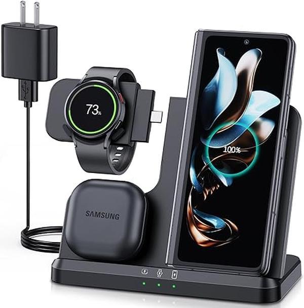 Wireless Charger  3 in 1 Samsung Charging Station for Galaxy  S24 S23 S22 S21 S20 Ultra Plus Z Fold Flip 6 5 4 3 S24 Ultra Flip Fold 5 4 3 Note 20, Galaxy Watch 7 （Not for 7ultra） 6  Watch 5 Pro 5 4 3 Active 2 1, Buds+ Pro Live(With Adapter)