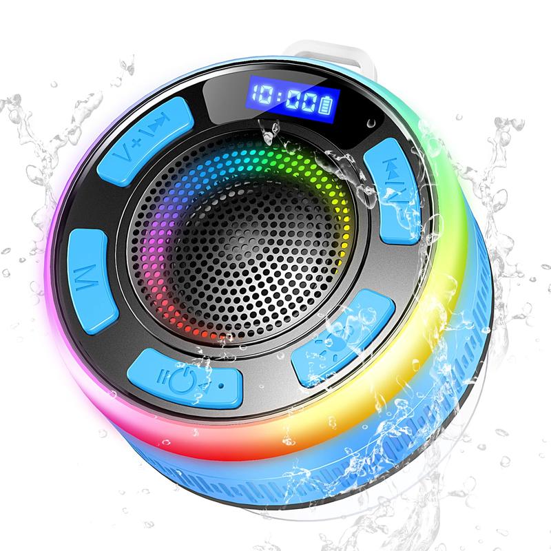 Bluetooth Shower Speaker, Portable Shower Speakers IP7 Waterproof with Suction Cup and Time Display, Dynamic LED Lights and Dual Stereo Pairing, Handsfree Wireless Speaker with Mic for Bathroom, Beach