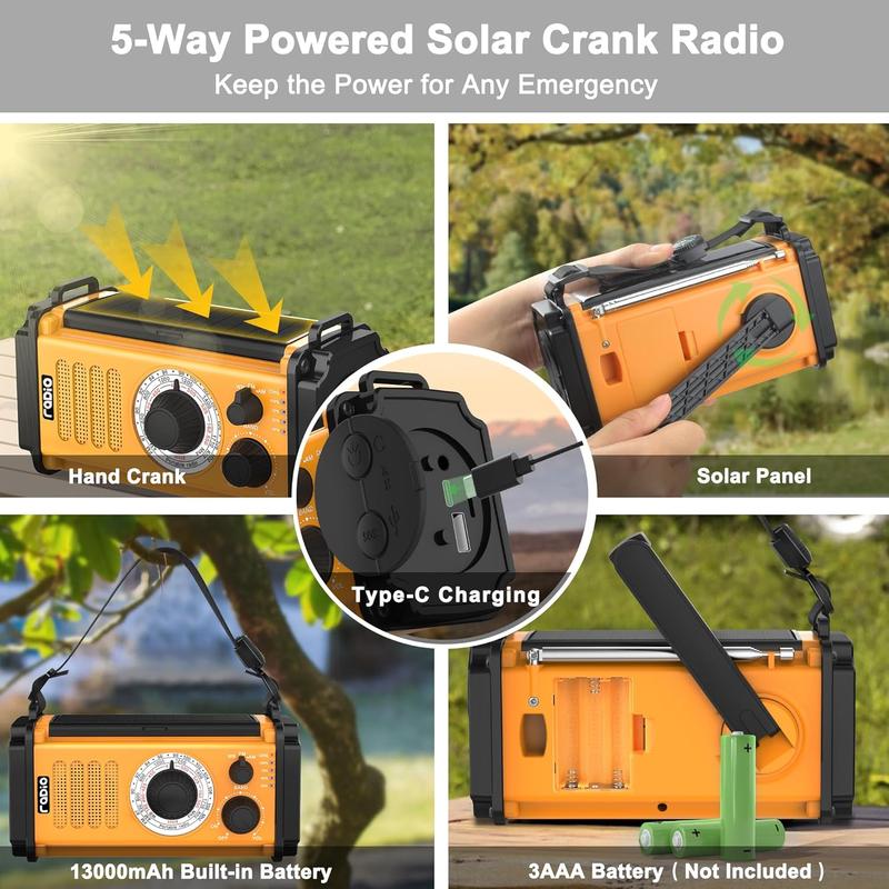 13000mAh Emergency Weather Radio, 5-Way Powered Solar Hand Crank Radio, Battery Operated NOAA AM FM Radio,Flashlight & Reading Lamp,Phone Charger,SOS,Compass for Hurricane Camping Outdoor Survival Kit