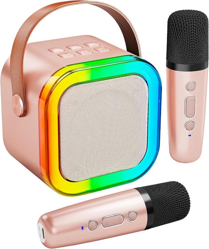 Karaoke Machine for Kids Adults, Portable Bluetooth Mini Karaoke Microphone Singing Speaker with 2 Wireless Mic and Light,Toys for All Smartphones,Birthday, Family,Home Party (Rose Gold)