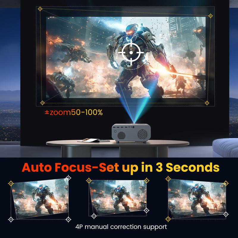 HAPPRUN Auto Focus,WiFi and Bluetooth Projector,15000 Lux 500 ANSI Outdoor, 6D Keystone & 50% Zoom, Native 1080P for Bedroom, Supports 4K Equipment