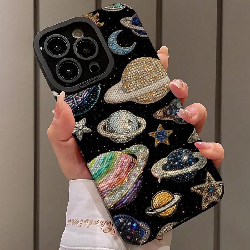 Rhinestone Decor Phone Case, 3D Space Ship Pattern Phone Case, Shockproof Phone Protective Cover Compatible with iPhone 11 12 13 14 15 16 Pro Max Pro Plus