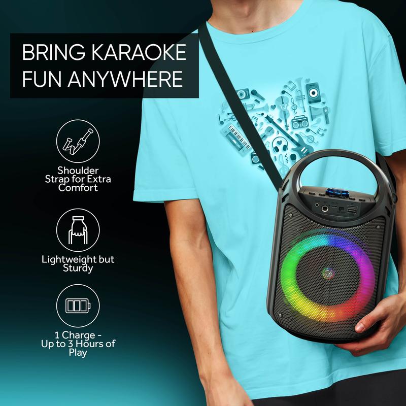 MASINGO Karaoke Machine with 1 Wireless Mic and 1 Wired Mic, PA Speaker with LED Lights, Supports TF Card USB, AUX MIC in, TWS for Home Party, Rechargeable Audio Equipment with Bluetooth, Charging Handle, and Smartphone Compatibility - Burletta C10 V1