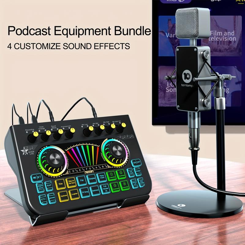 Audio Interface with Audio Mixer and Vocal Effect, Condenser Microphone Kit with Live Sound Card and Adjustable Microphone Stand for Recording Voice in Studio, Voice over, Streaming Broadcast