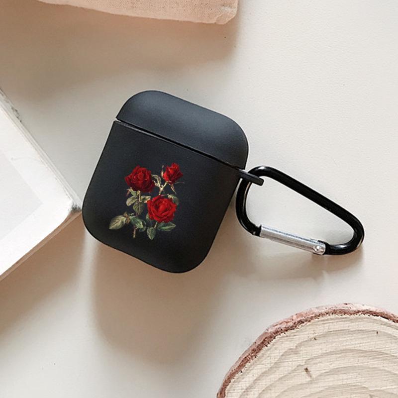 Elegant Rose Design Earphones Case with Hiking Buckle, Floral Pattern Shockproof Anti-fall TPU Cover for AirPods 1 2, 3, Pro, Pro 2, Gift for Birthday