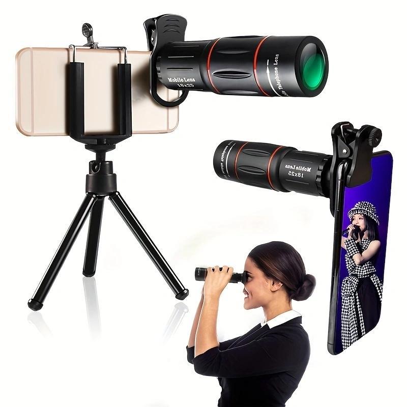 18X Monocular Zoom Lens Clamp, Telephoto Telescope Lens with Tripod, Camping Hunting Sports Lens Compatible with iPhone Samsung Huawei Xiaomi & Most Smart Phones