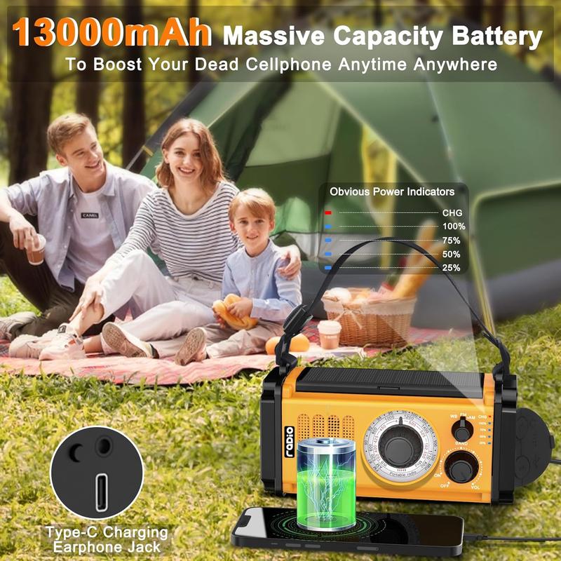 13000mAh Emergency Weather Radio, 5-Way Powered Solar Hand Crank Radio, Battery Operated NOAA AM FM Radio,Flashlight & Reading Lamp,Phone Charger,SOS,Compass for Hurricane Camping Outdoor Survival Kit