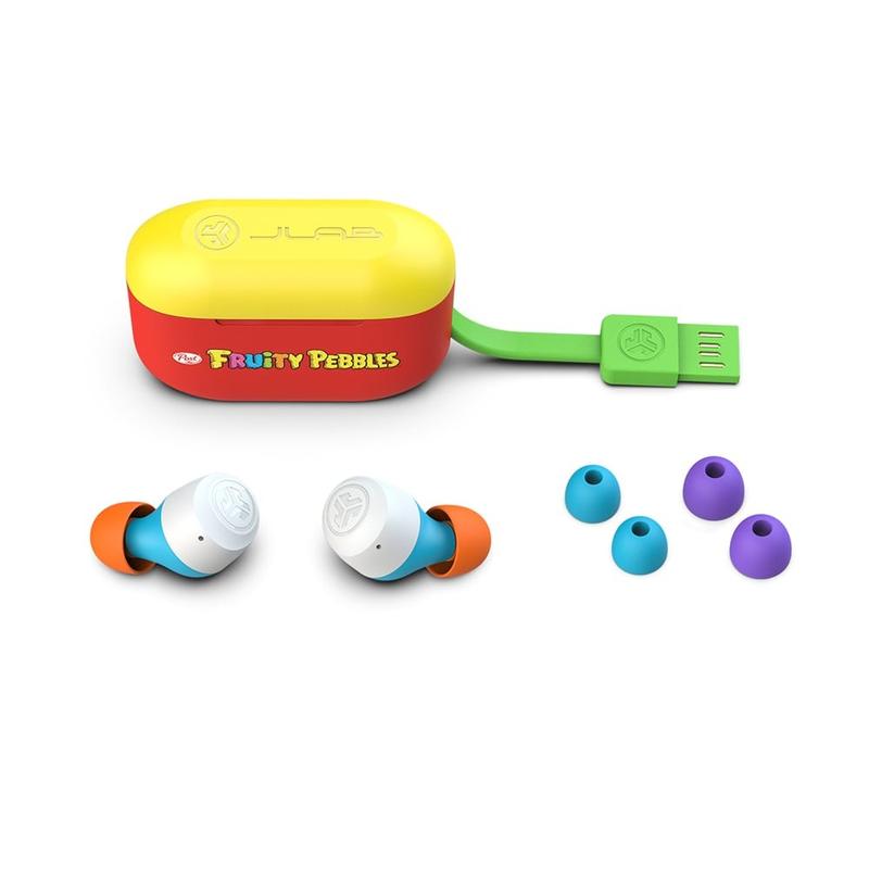 JLab x Fruity Pebbles Go Air Pop True Wireless Bluetooth Earbuds, Charging Case, IPX4 Sweatproof, 3 EQ Sound Settings, For iPhone Android, Headphone Audio Cable