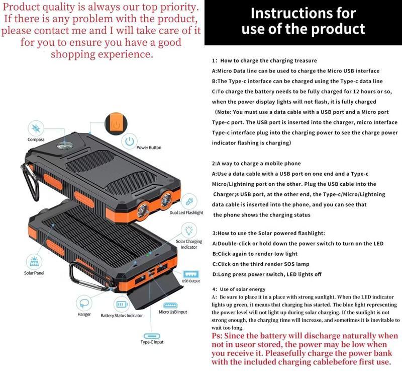 20000mAh Portable Solar Charger Power Bank with Dual USB Ports & LED Flashlight, Compact Waterproof & Shockproof Outdoor Charging Station, Compass & Carabiner Compatible with i Phone Samsung Android Smartphones