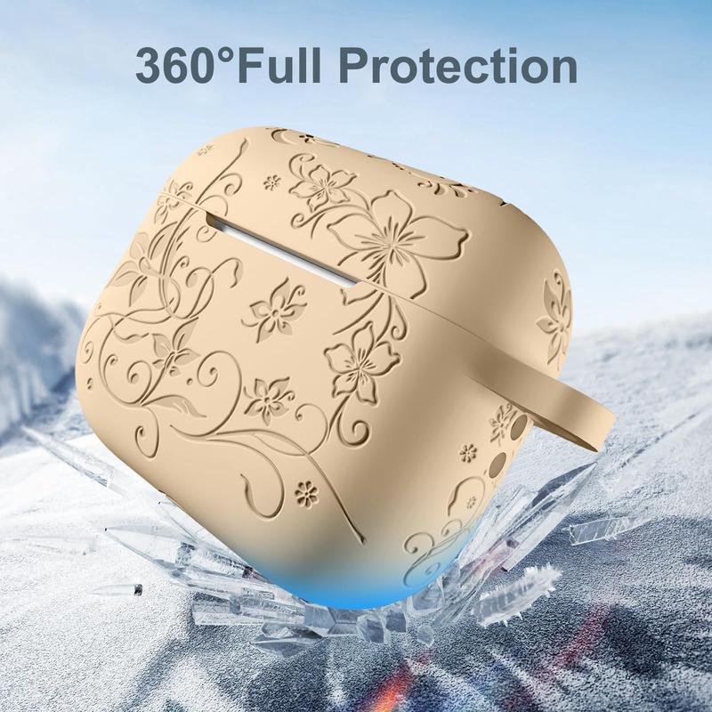 Flower Engraved Earphone Case, Cute Silicone Full Protective Case Cover, Front LED Visible Earphone Case Compatible for AirPods Pro 1st & AirPods Pro 2nd