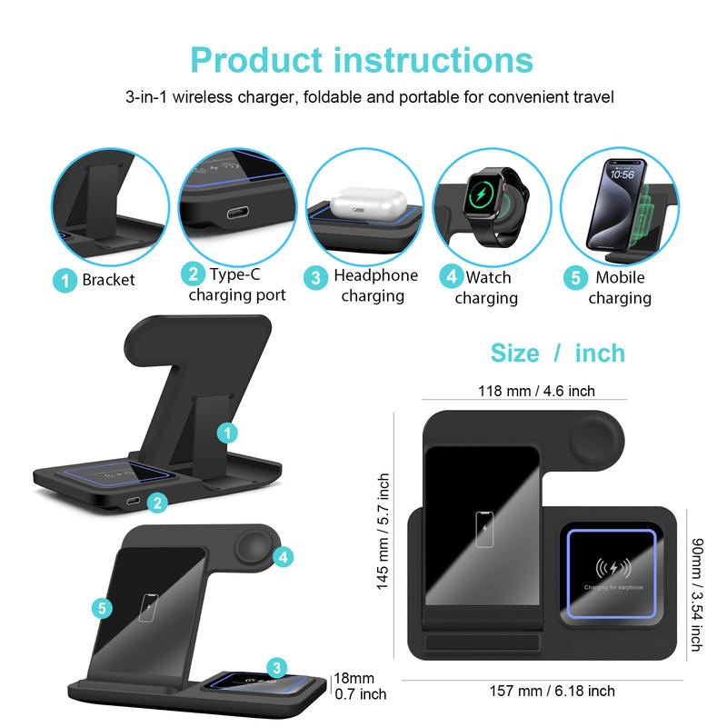 Wireless Charging Station, 3 in 1 Foldable Wireless Charger Stand for iPhone 16 15 14 13 12 11 X Series, Apple Watch Ultra 10 9 8 7 SE 6 5 4 3 2, AirPods 4 3 2 Pro Foldable Wireless