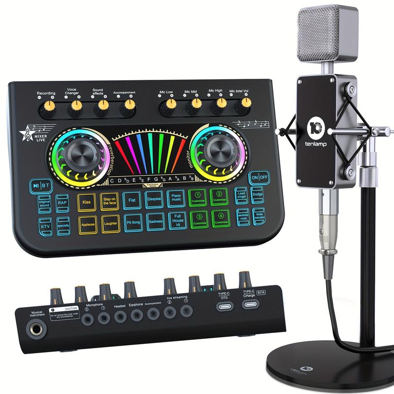 Audio Interface with Audio Mixer and Vocal Effect, Condenser Microphone Kit with Live Sound Card and Adjustable Microphone Stand for Recording Voice in Studio, Voice over, Streaming Broadcast